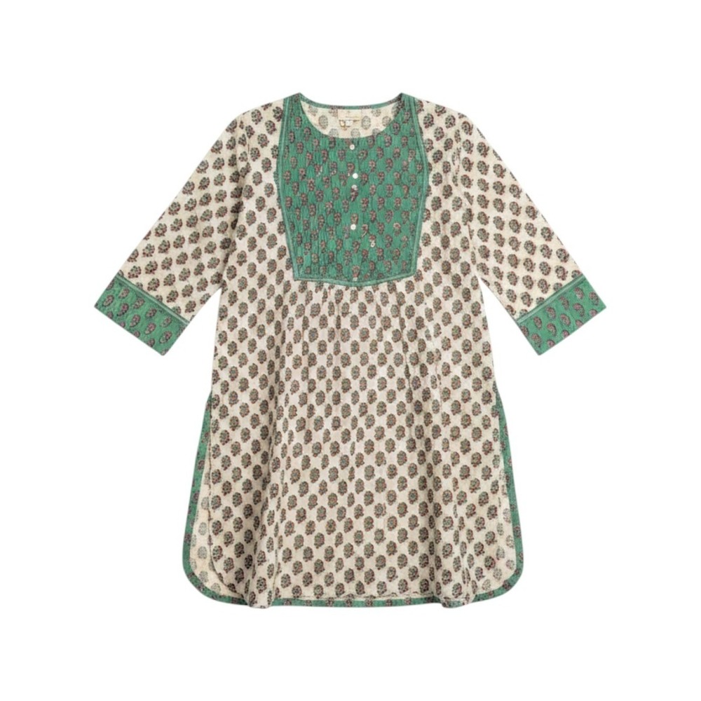Anokhi Sara Tunic Cotton Dress Green Floral Hand Block Print Womens Large NWT